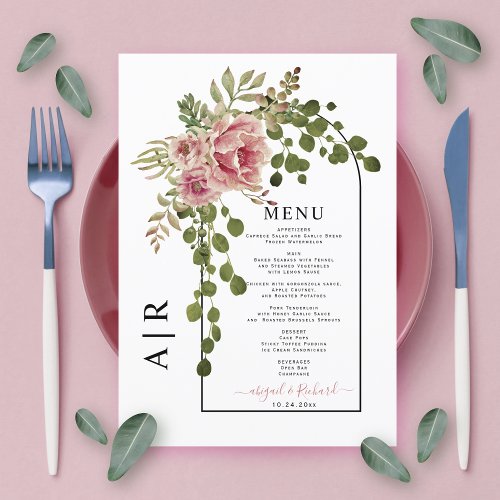 Dusty rose pink flowers arch and monogram wedding menu