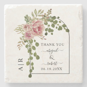 Dusty rose pink flowers, arch and monogram wedding stone coaster