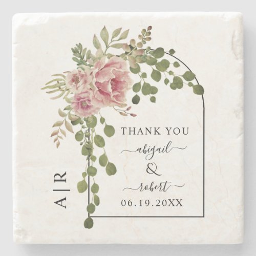 Dusty rose pink flowers arch and monogram wedding stone coaster