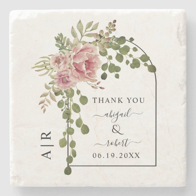 Dusty rose pink flowers, arch and monogram wedding stone coaster (Front)