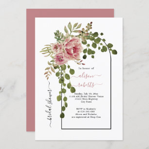 Dusty rose pink flowers arch wedding bridal shower invitation