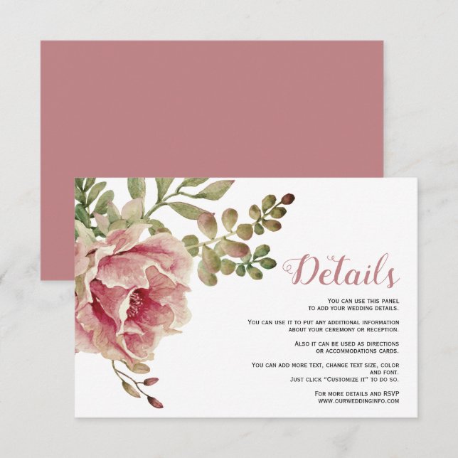 Dusty rose pink flowers floral wedding details enclosure card (Front/Back)