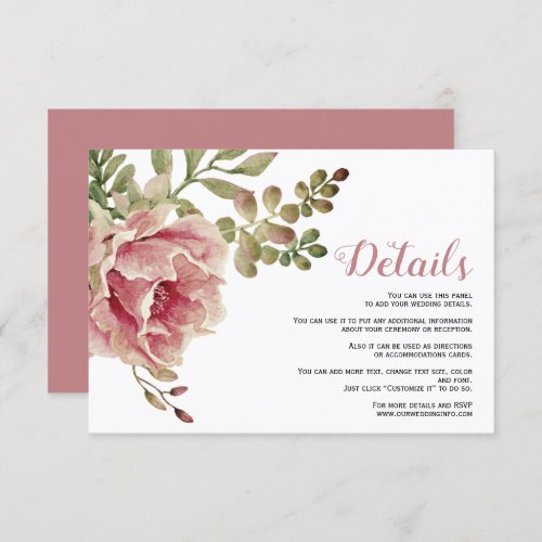 Dusty rose pink flowers floral wedding details enclosure card