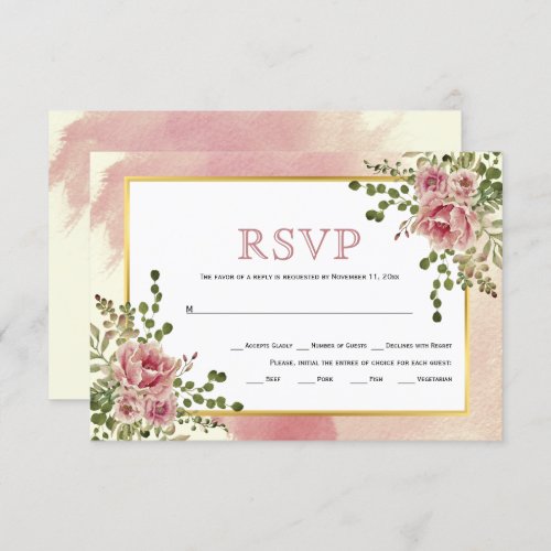 Dusty rose pink flowers gold frame boho wedding RSVP card