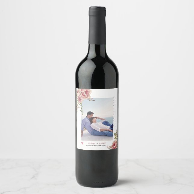 Dusty rose pink flowers, green leaves and photo wine label (Front)