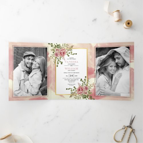 Dusty rose pink flowers spring floral boho wedding Tri_Fold invitation