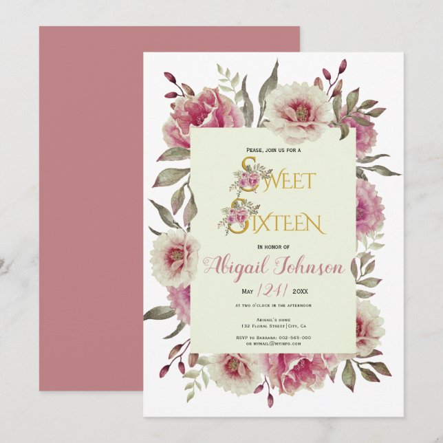 Dusty rose pink flowers sweet sixteen birthday  invitation (Front/Back)
