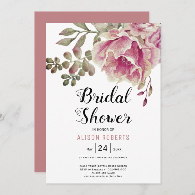 Dusty rose pink flowers wedding bridal shower  invitation (Front/Back)