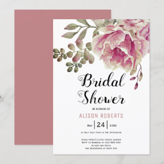 Dusty rose pink flowers wedding bridal shower  invitation
