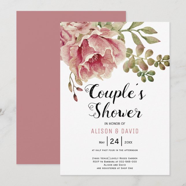 Dusty rose pink flowers wedding couples shower invitation (Front/Back)