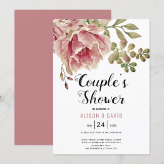 Dusty rose pink flowers wedding couples shower invitation