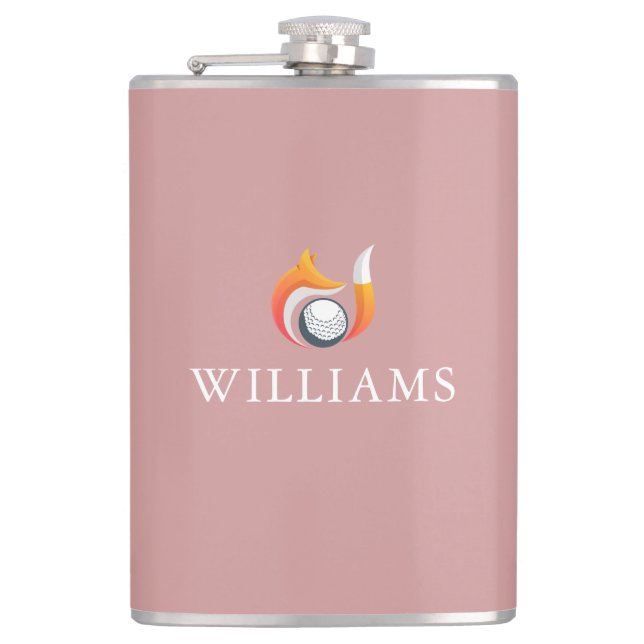 Dusty Rose Pink Fox And Golf Ball Custom Name Flask (Front)