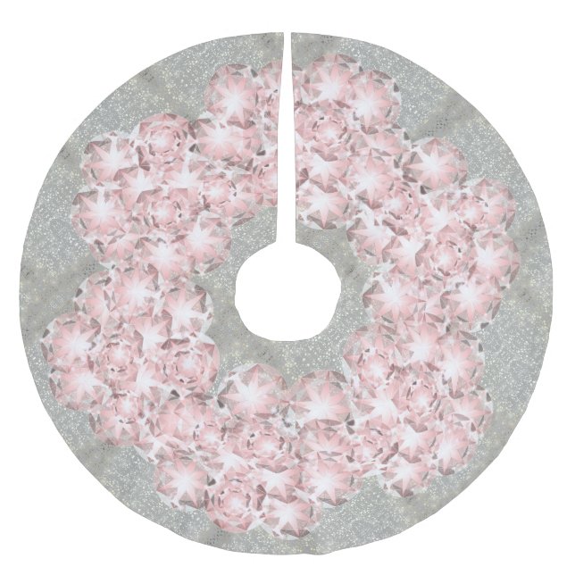 Dusty Rose Pink Gems on Gray with Gold Sparkle Brushed Polyester Tree Skirt (Front)