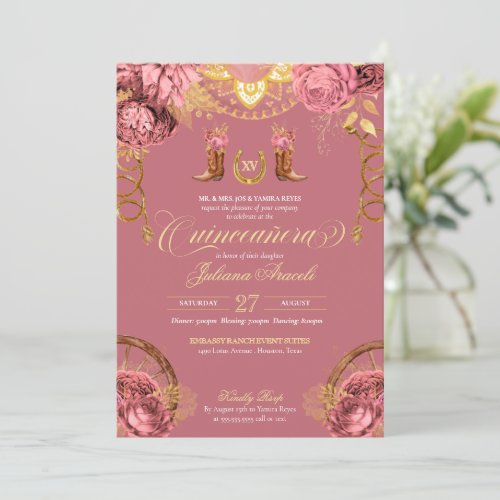 Dusty Rose Pink Gold Elegant Charro Quinceanera In Invitation