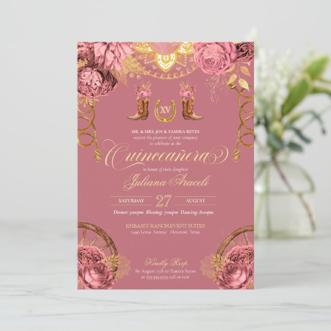 Dusty Rose Pink Gold Elegant Charro Quinceanera In Invitation (Standing Front)