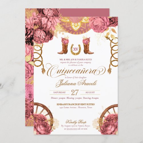 Dusty Rose Pink Gold Elegant Charro Quinceanera Invitation