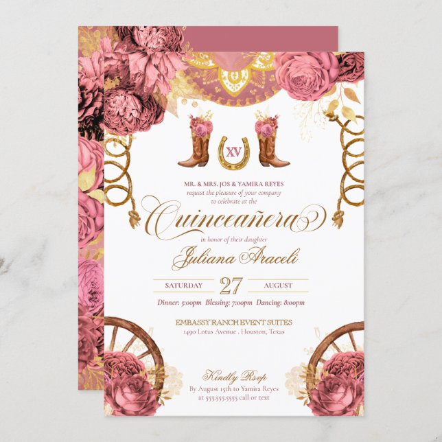 Dusty Rose Pink Gold Elegant Charro Quinceanera Invitation (Front/Back)