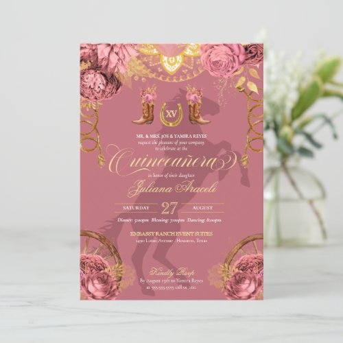 Dusty Rose Pink Gold Elegant Charro Quinceanera Invitation