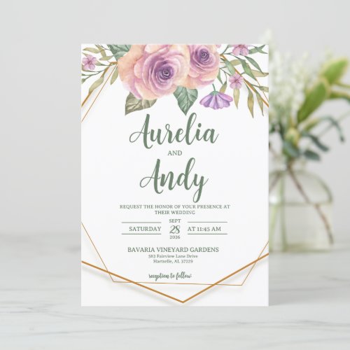 Dusty Rose Pink Gold Floral Greenery Photo Wedding Invitation