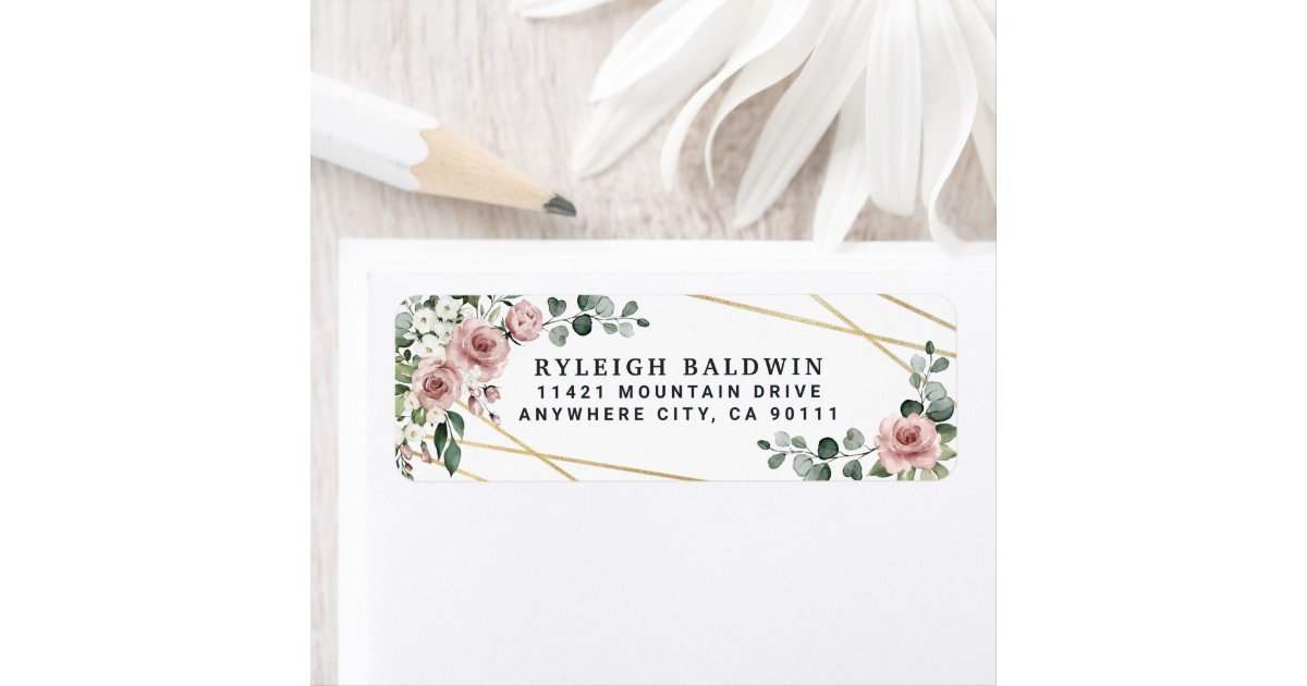 Dusty Rose Pink Gold Floral Return Address Label | Zazzle