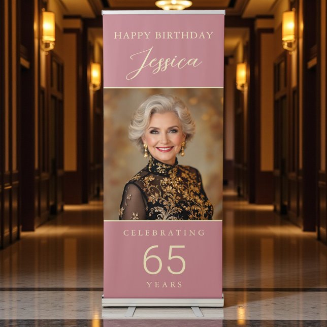 Dusty Rose Pink Gold Script Photo Any Age Birthday Retractable Banner (Creator Uploaded)
