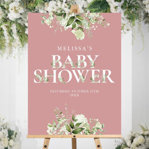 Dusty Rose Pink Greenery Baby Shower Sign