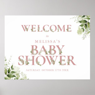 Dusty Rose Pink Greenery Baby Shower Welcome Sign