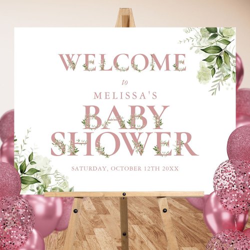 Dusty Rose Pink Greenery Baby Shower Welcome Sign