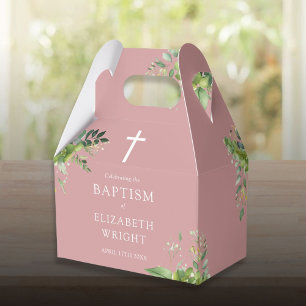 Dusty Rose Pink Greenery Baptism Christening Favor Boxes