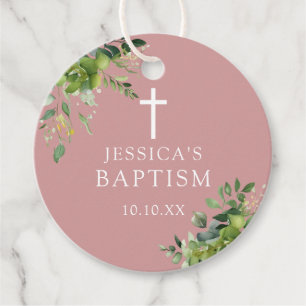 Dusty Rose Pink Greenery Baptism Christening Favor Tags