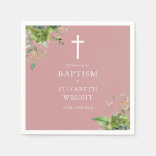 Dusty Rose Pink Greenery Baptism Christening Napkins