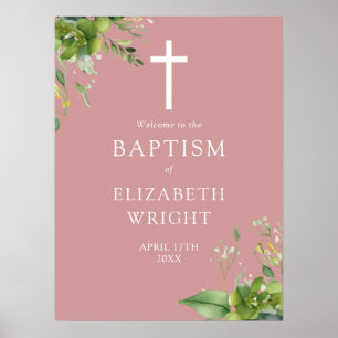 Dusty Rose Pink Greenery Baptism Welcome Sign
