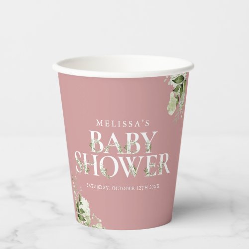 Dusty Rose Pink Greenery Boy Baby Shower Paper Cups