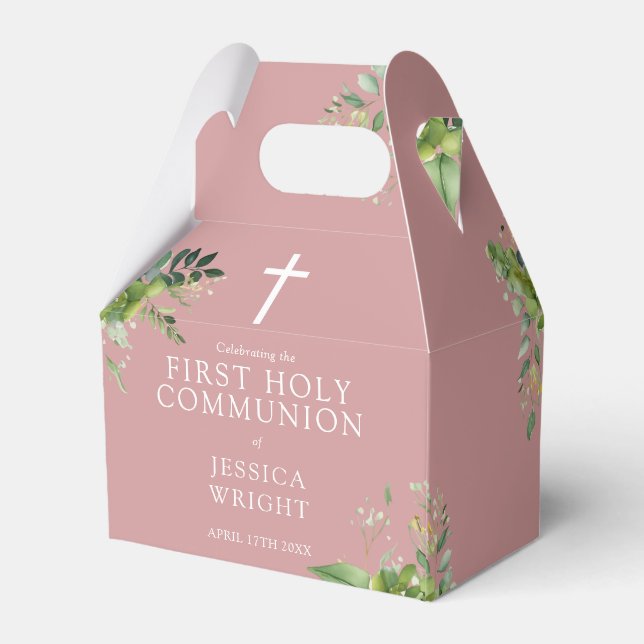 Dusty Rose Pink Greenery First Holy Communion Favor Boxes (Back Side)
