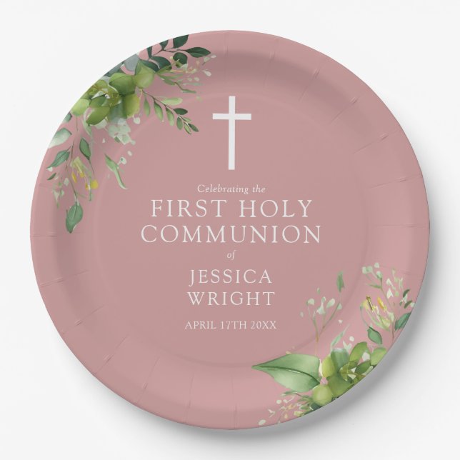 Dusty Rose Pink Greenery First Holy Communion Paper Plates (Front)