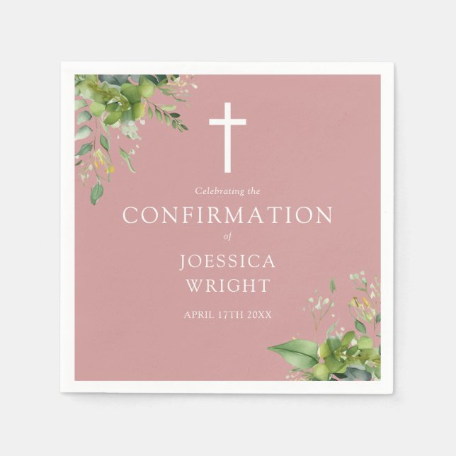 Dusty Rose Pink Greenery Floral Confirmation Napkins (Front)