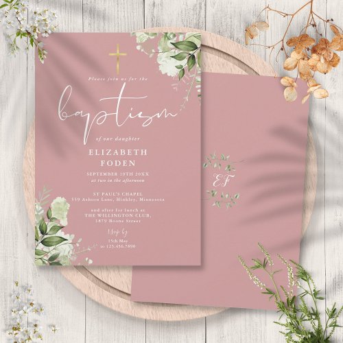 Dusty Rose Pink Greenery Floral Monogram Baptism Invitation