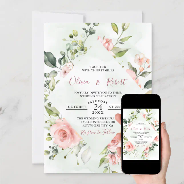 Dusty Rose Pink Greenery Floral Wedding Invitation | Zazzle