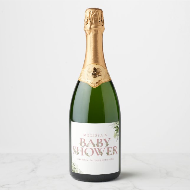 Dusty Rose Pink Greenery Girl Baby Shower Sparkling Wine Label (Front)