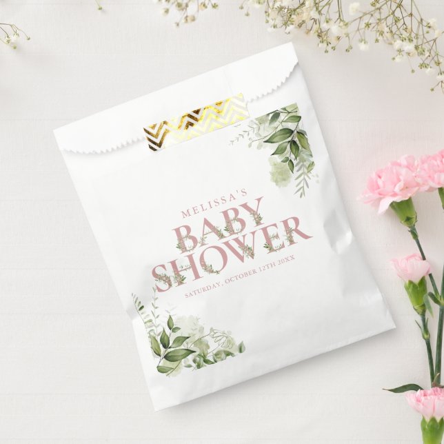 Dusty Rose Pink Greenery Letter Baby Shower Favor Bag (Sealed)