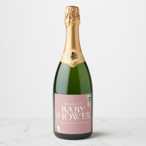 Dusty Rose Pink Greenery Letter Baby Shower Sparkling Wine Label