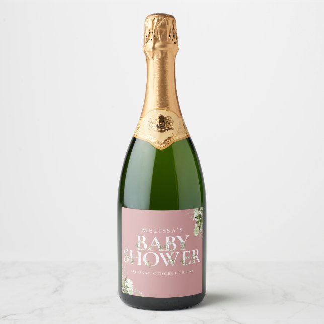 Dusty Rose Pink Greenery Letter Baby Shower Sparkling Wine Label (Front)