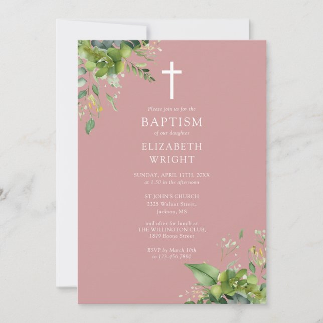 Dusty Rose Pink Greenery Monogram Baptism Invitation (Front)