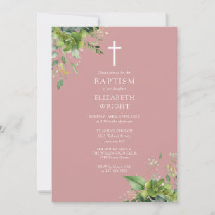 Dusty Rose Pink Greenery Monogram Baptism Invitation