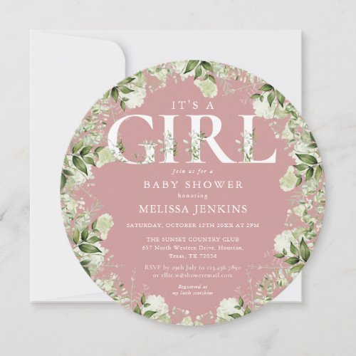 Dusty Rose Pink Its A Girl Greenery Baby Shower Invitation