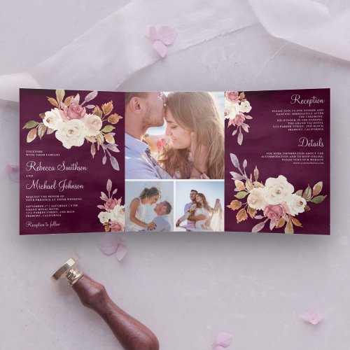 Dusty Rose Pink Ivory Floral Plum Purple Wedding Tri_Fold Invitation