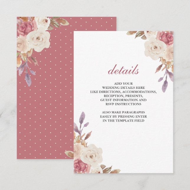 Dusty Rose Pink Ivory Floral Wedding Details Enclosure Card (Front/Back)