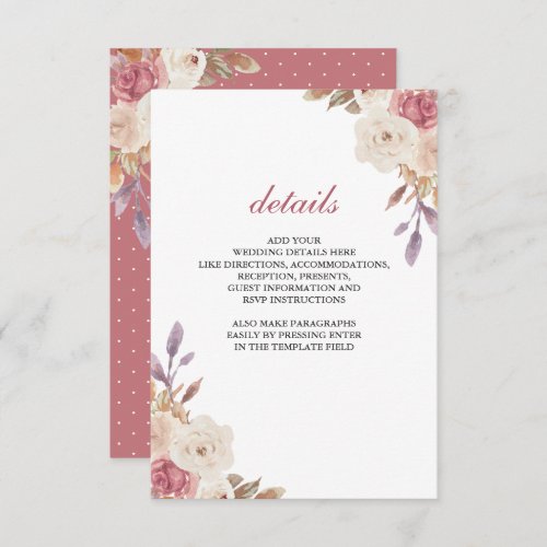 Dusty Rose Pink Ivory Floral Wedding Details Enclosure Card