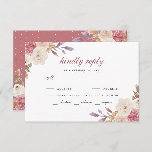 Dusty Rose Pink Ivory Floral Wedding RSVP Card