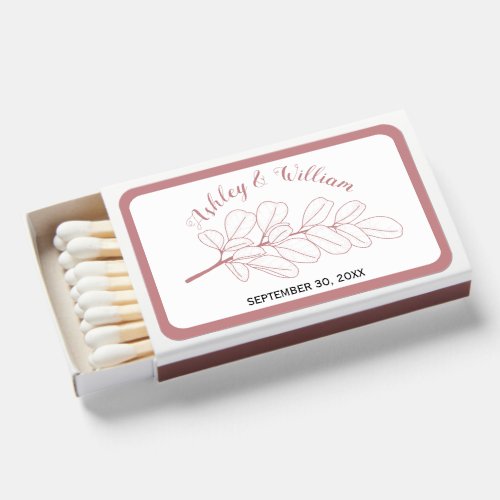 Dusty rose pink line art branch and leaves wedding matchboxes